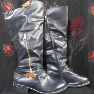 Faux Leather Black Knee-Hi Riding/Moto Boot